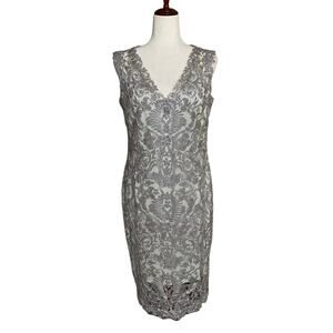 Tadashi Shoji Silver Lace Overlay Sleeveless Short Party Evening Dress 14 V Neck